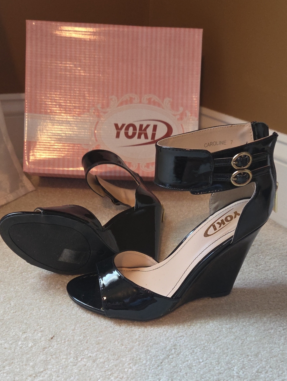 Yoki Black Patent Open-Toe Wedge Sandals with Ankle Straps